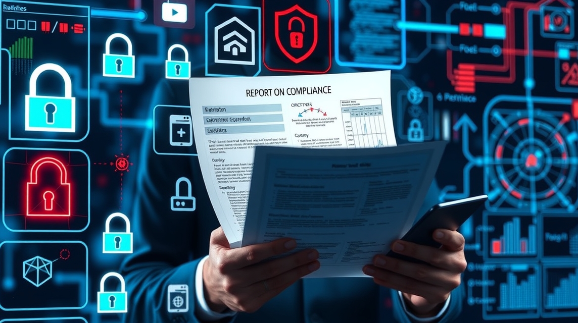 Osoba drží dokumenty o súlade pred digitálnym pozadím s ikonami zabezpečenia.