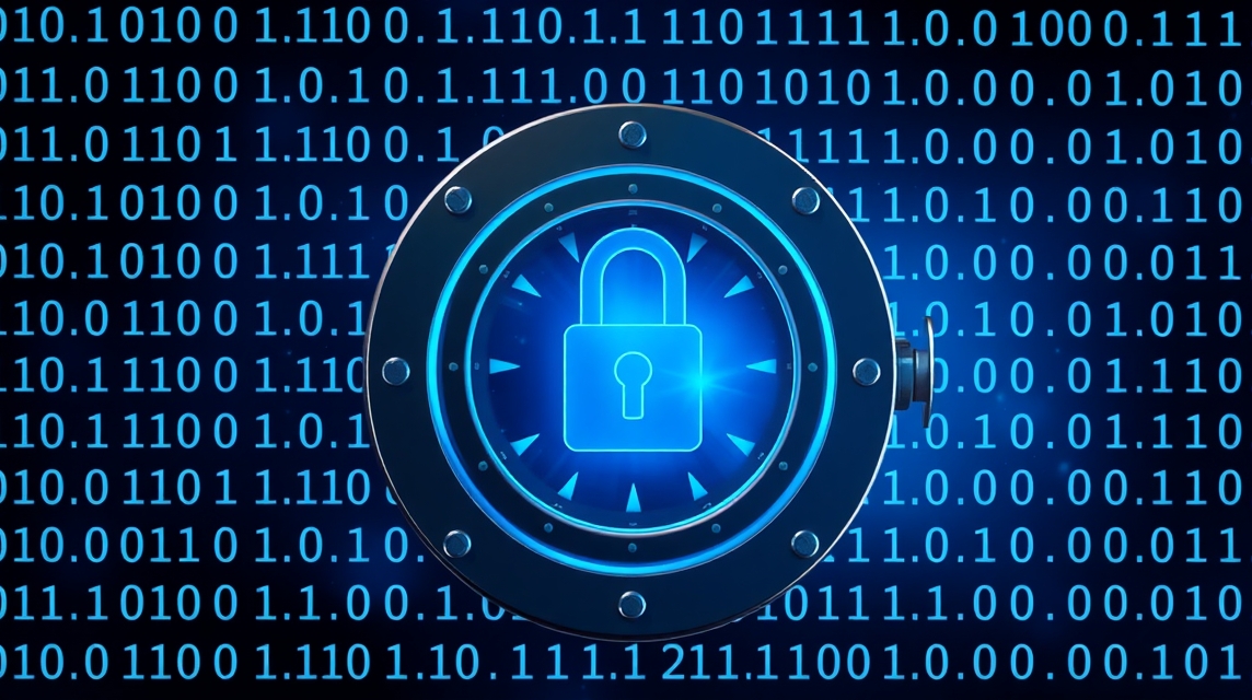 Moderne zámok na pozadí s binárnym kódom, symbolizujúci kybernetickú bezpečnosť.