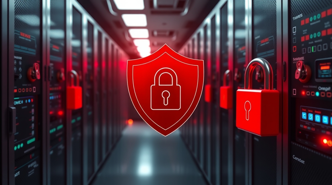 Moderné servery s červenými zámkami a symbolom zabezpečenia.
