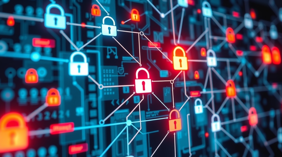 Grafika digitálnych zámkov a prepojení na technologickom pozadí.