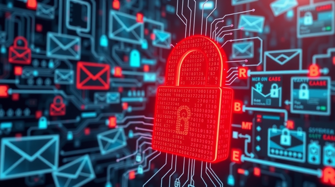 Obrázok zobrazuje červený zámok na pozadí s e-mailovými ikonami a digitálnymi obvodmi.