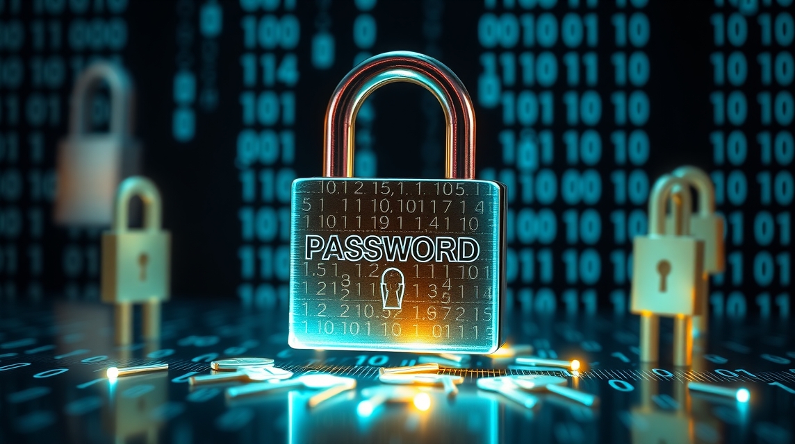 Zamknutý zámok s nápisom 'PASSWORD' na digitálnom pozadí s binárnymi číslami.