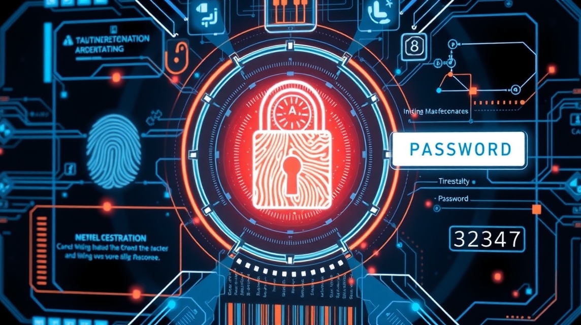 Digitálny zámok s odtlačkom prsta a heslom na technologickom pozadí.