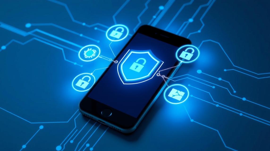 Mobilný telefón, na obrazovke zobrazený symbol zabezpečenia a ikony ochrany.