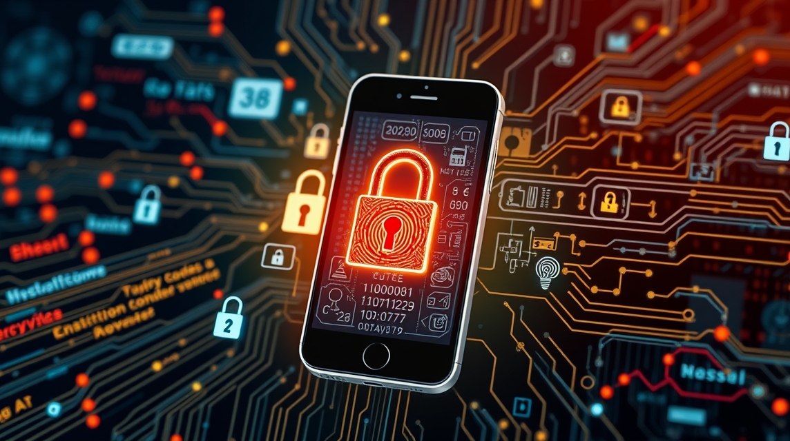 Mobilný telefón zobrazuje zámok na obrazovke, obklopený digitálnymi obvodmi.