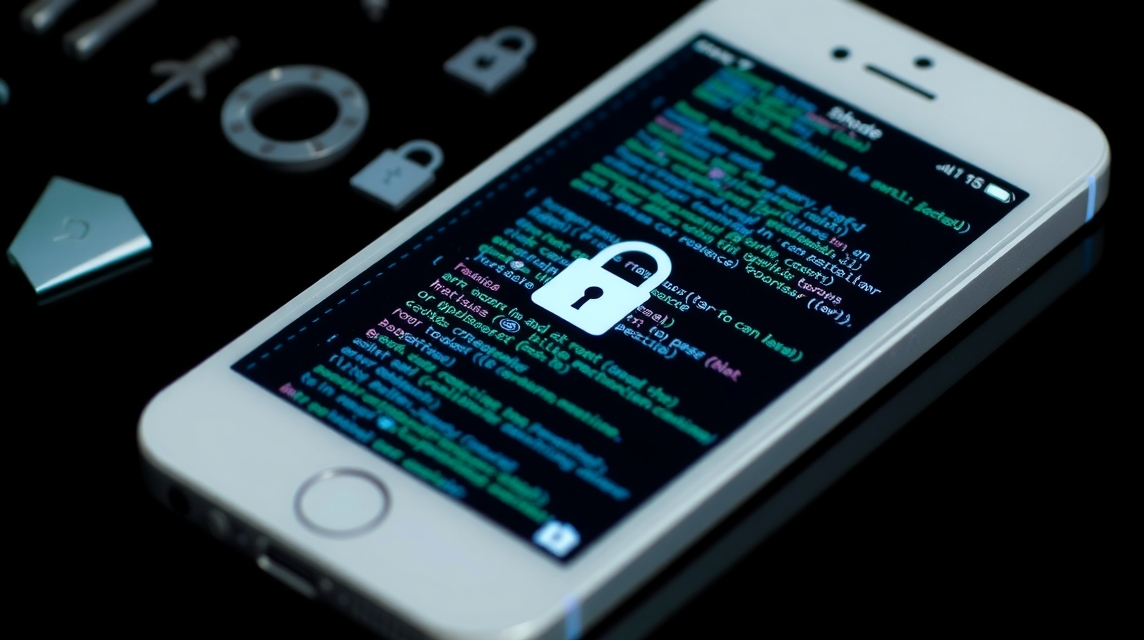 Mobilný telefón s kódom a ikonou zámku na obrazovke, symbolizujúci bezpečnosť.