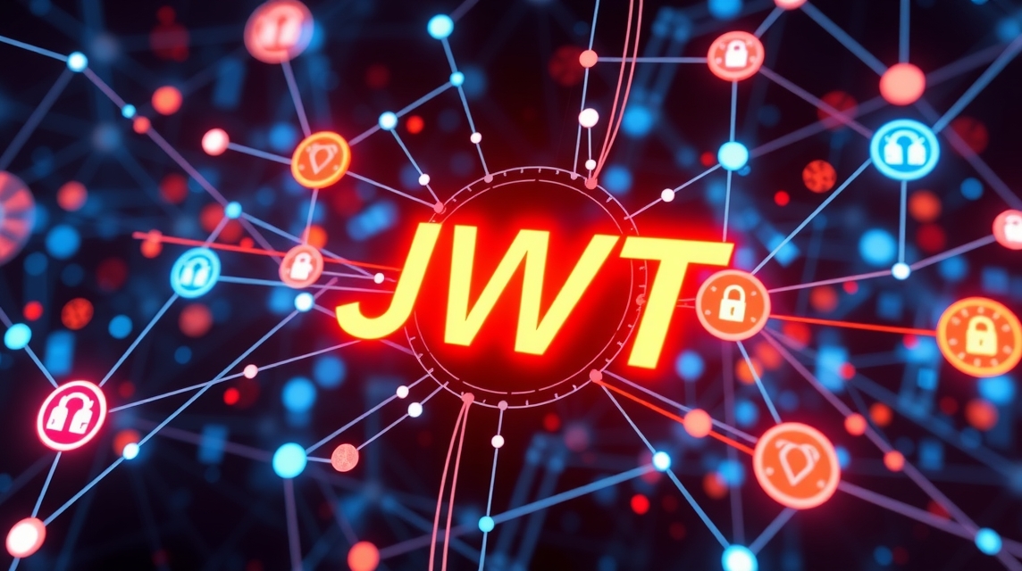 Grafika, ktorá zobrazuje sieť s logom JWT v strede a ikonami zabezpečenia okolo.