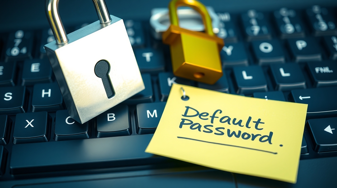 Na klávesnici je zámok a žltý papierik s nápisom 'Default Password'.