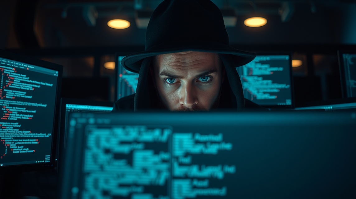 Muž v kapuci sedí pred počítačmi s kódmi, sústredene sleduje obrazovku.