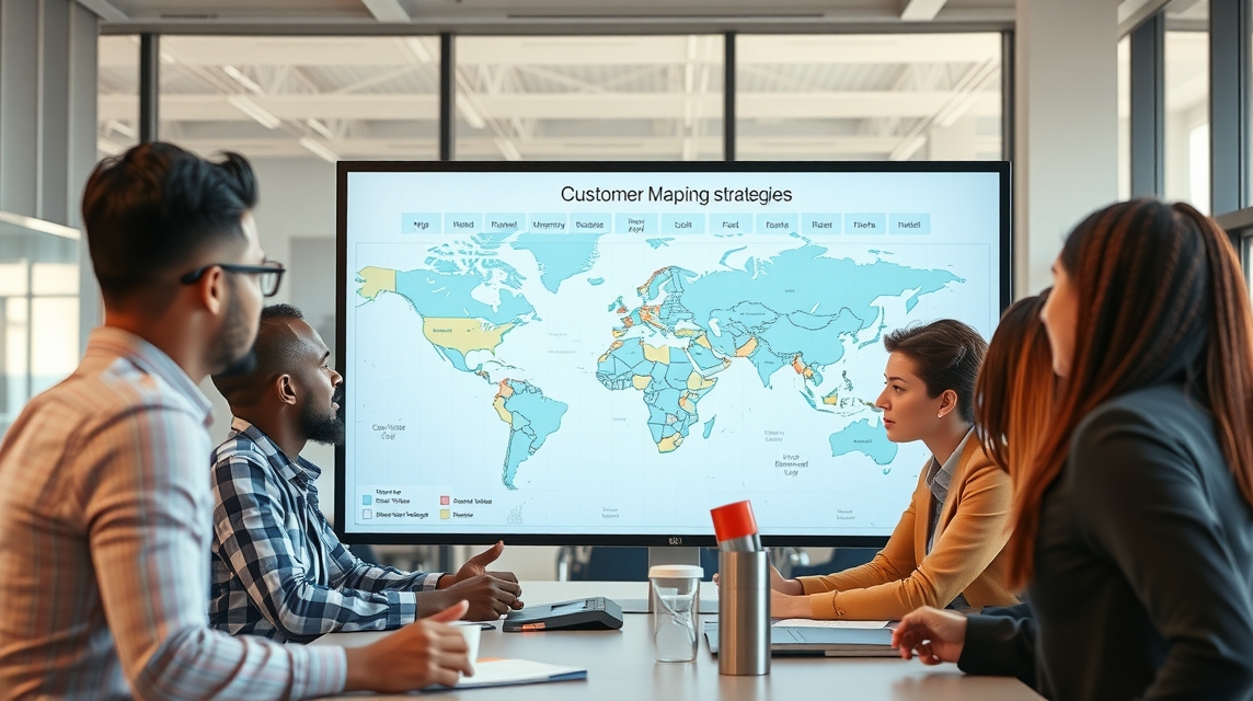 Skupina ľudí diskutuje o zákazníckych mapovacích stratégiách pred obrazovkou s mapou sveta.