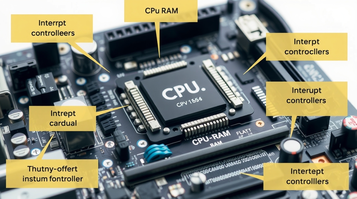 Detailný pohľad na základnú dosku s označeniami komponentov ako CPU a RAM.