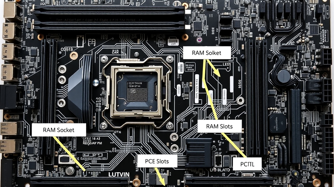 Detailný pohľad na základnú dosku s označenými RAM slotmi a PCE slotmi.