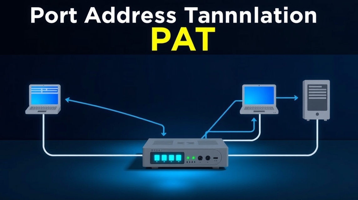 Schéma znázorňujúce Port Address Translation (PAT) s počítačmi a routerom.