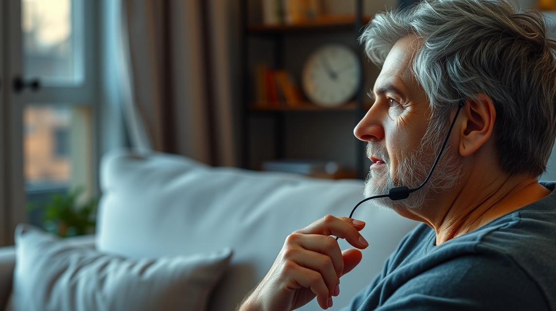 Starší muž fúka do mikrofónu, zamyslene sedí na pohovke v obývačke.