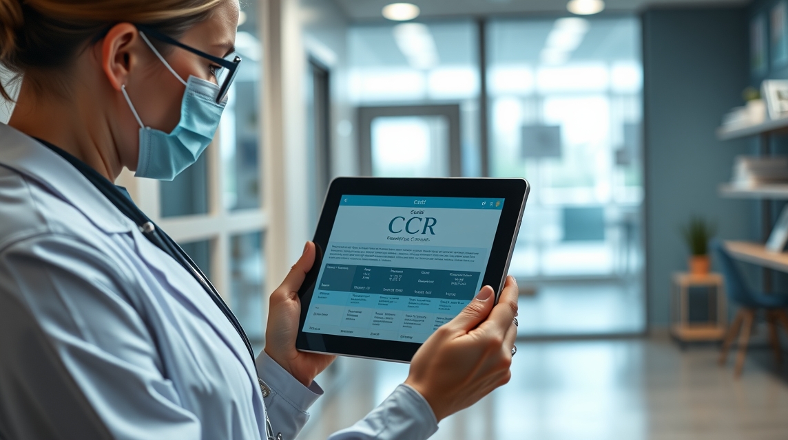 Zdravotná sestra s tabletom, na ktorom je zobrazený zdravotný systém.