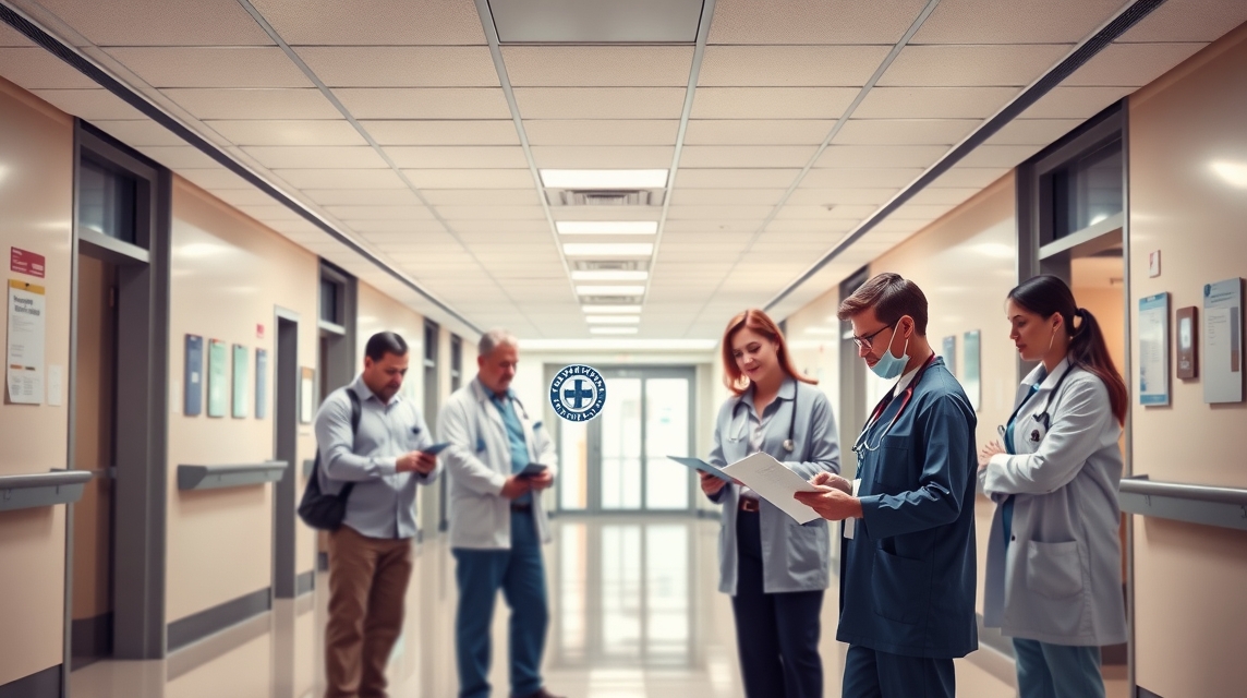 Skupina zdravotníkov v nemocničnej chodbe, diskutujú o dokumentoch.