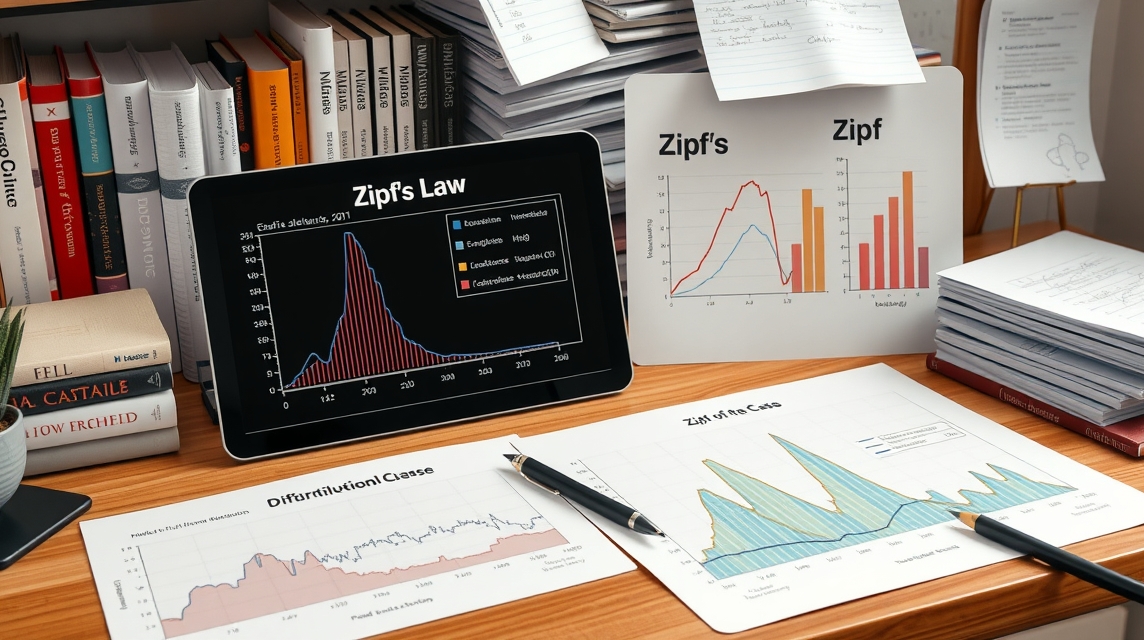 Grafy a diagramy zobrazujúce Zipfov zákon a jeho aplikácie na tablet a papieri.