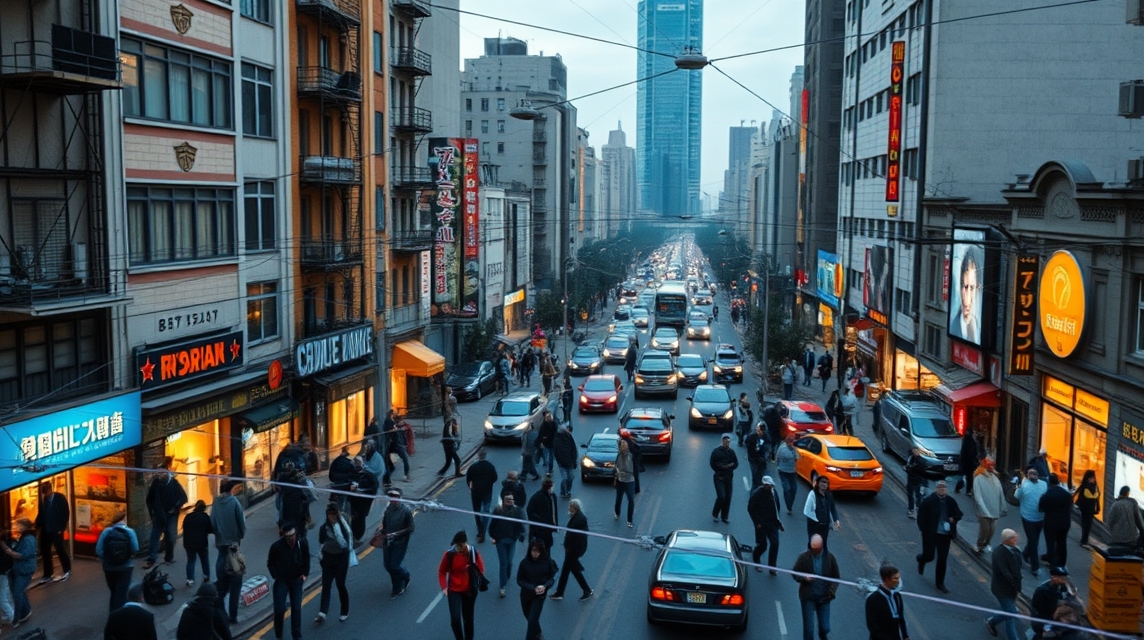 Rušná ulica városké dopravy, gyalogosok és üzletek a járdán.