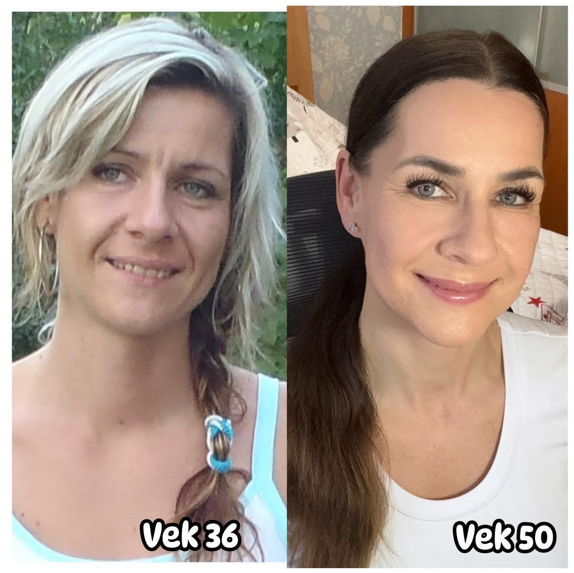 Portrét ženy, ktorá má 36 a 50 rokov, zobrazený vedľa seba.