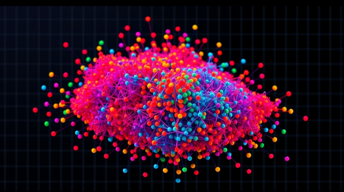 Farebná abstrakcia zložená z bodov a čiar na tmavom pozadí.