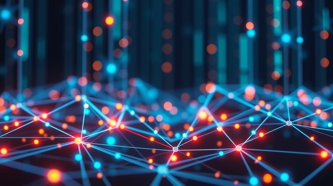 Abstraktná vizualizácia s modrými a červenými bodmi prepojenými sieťou.