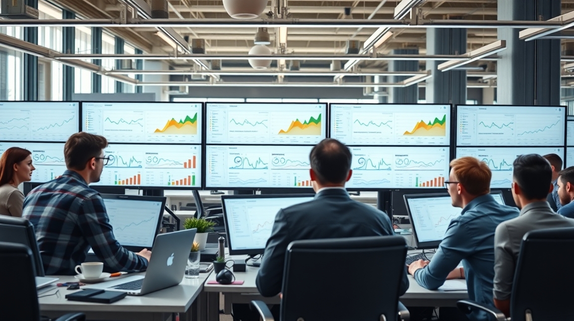 Skupina profesionálov sleduje analýzy a grafy na viacerých obrazovkách v modernom kancelárskom prostredí.