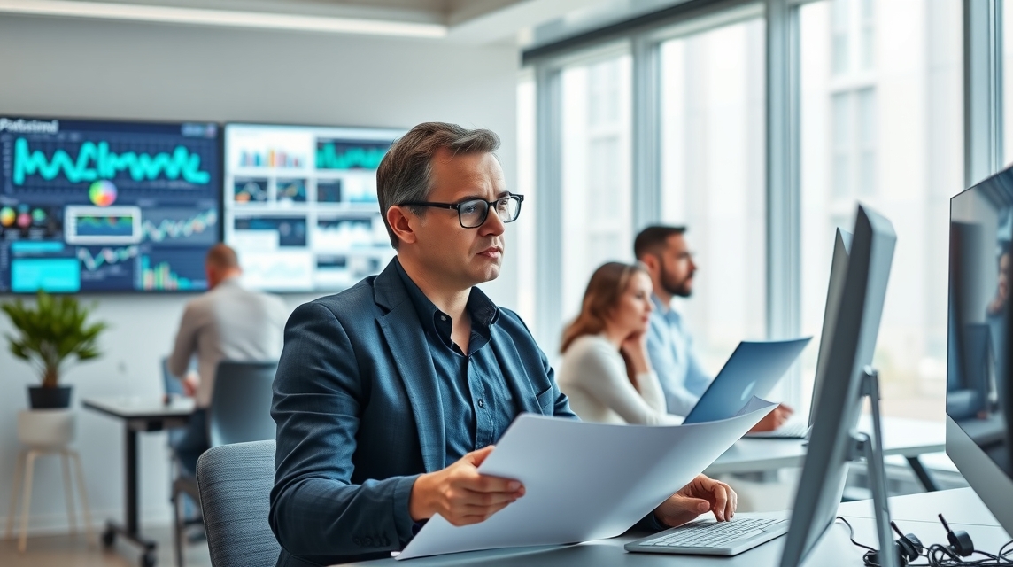 Muž v obleku analyzuje dáta na počítači v modernom kancelárskom prostredí.
