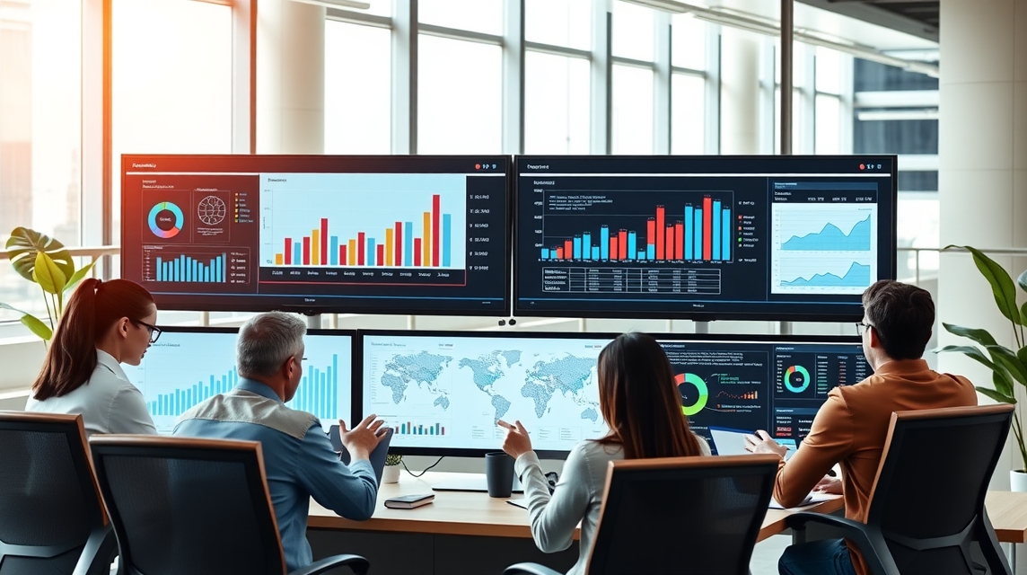 Skupina profesionálov analyzuje grafy a dátové vizualizácie a diskutuje.