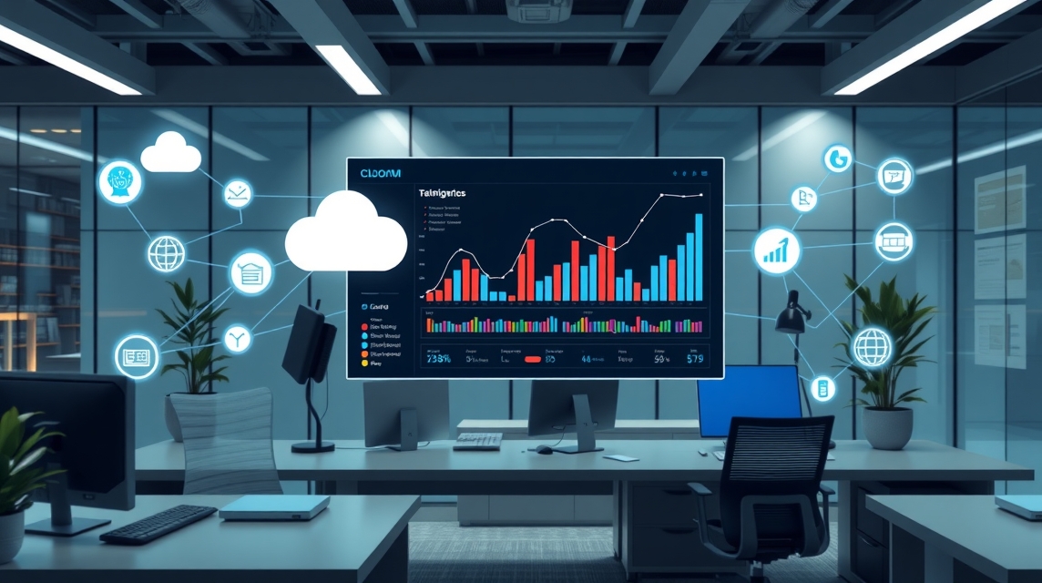 Moderná kancelária s grafmi a analýzami na obrazovke, symboly technológie okolo.