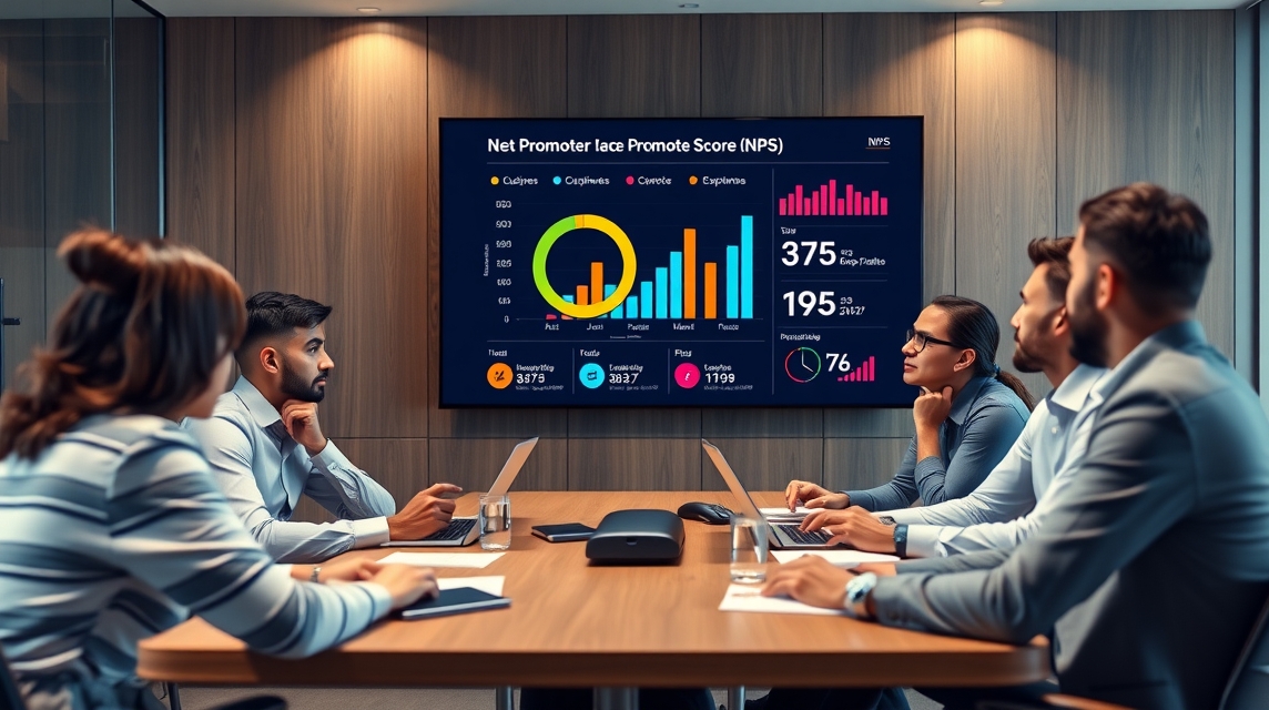 Skupina profesionálov diskutuje o výsledkoch prieskumu NPS na prezentácii.