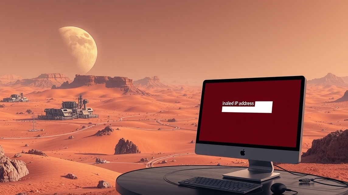 Počítač na stole v púštnej krajine, na obrazovke chybové hlásenie.