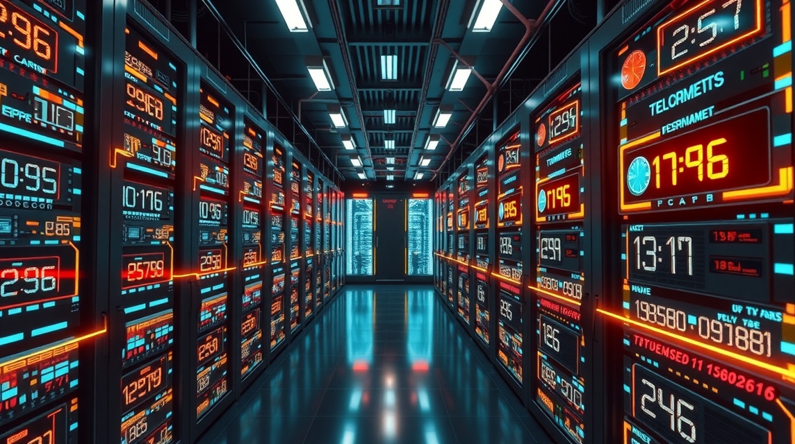 Moderná dátová centrála s osvetlenými obrazovkami a technológiou.