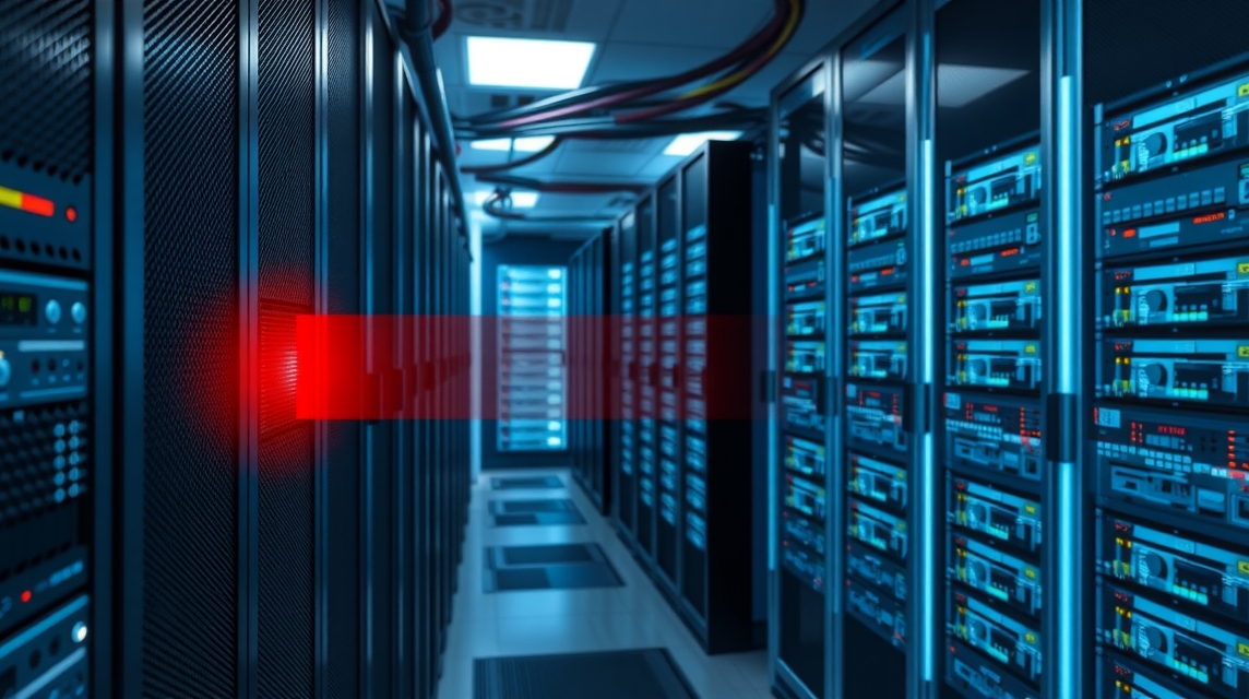 Moderné servery v dátovom centre s modrým osvetlením a červeným indikátorom.