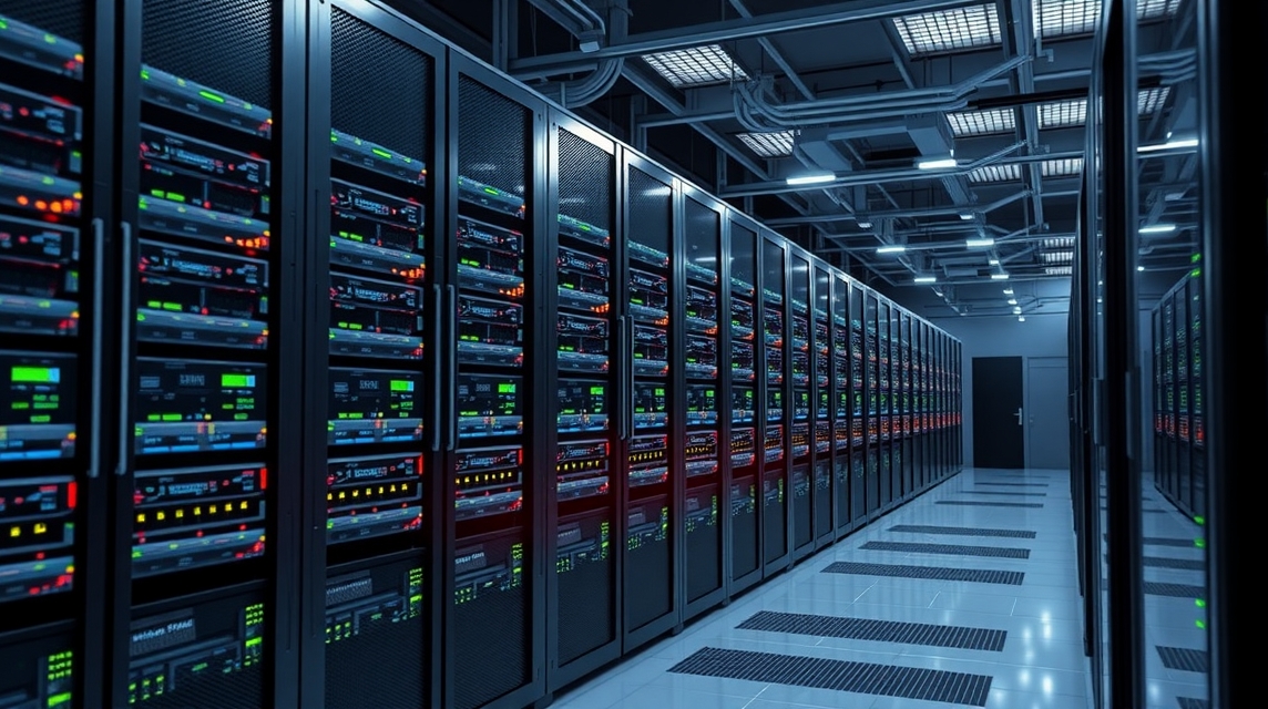 Moderné servery usporiadané v dátovom centre s blikajúcimi svetlami.