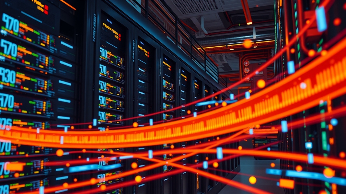 Moderné servery v dátovom centre s farebnými svetelnými efektmi.