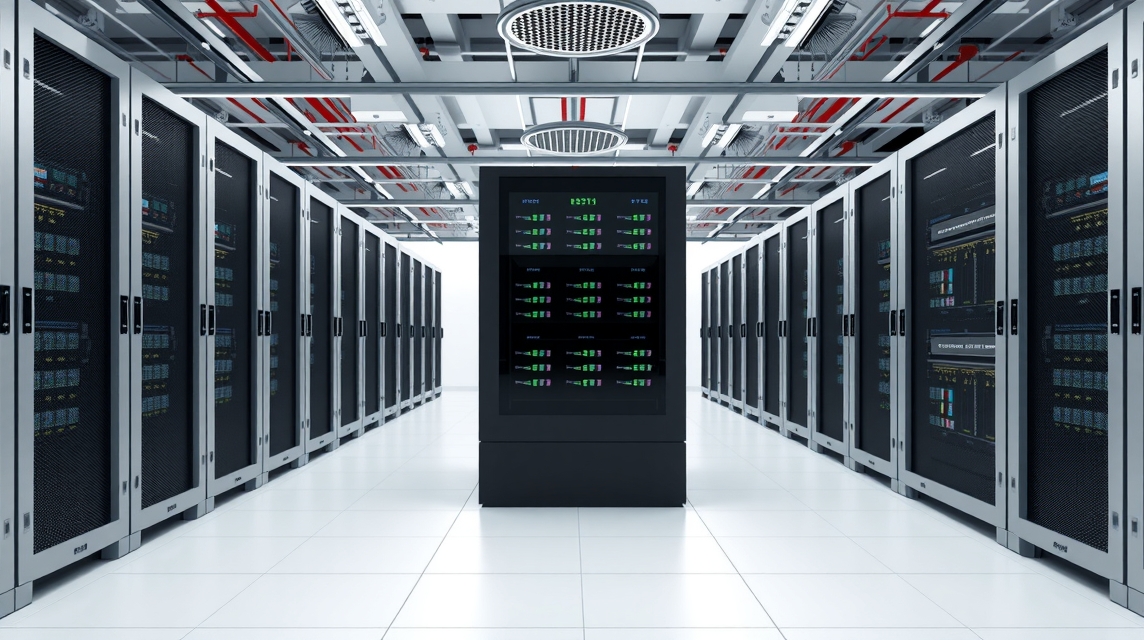 Moderné dátové centrum s radmi serverov a monitorovacím panelom.