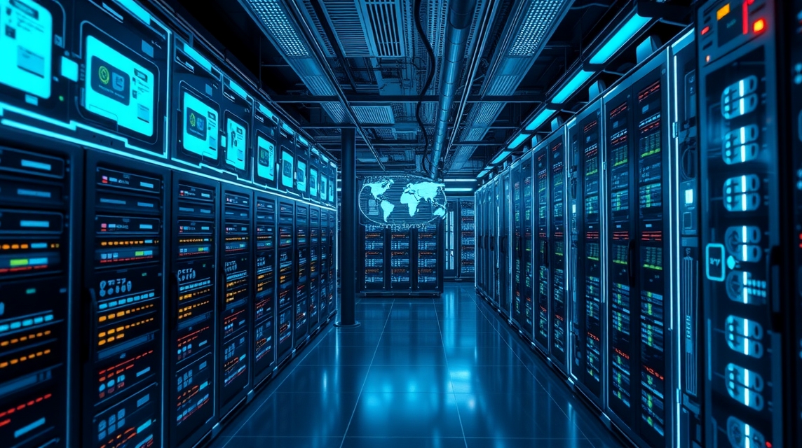Moderný dátový centrum s množstvom serverov a svetelnými efektmi.