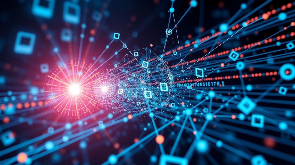 Abstraktná vizualizácia dátových prúdov a technológie v modrej a červenej farbe.