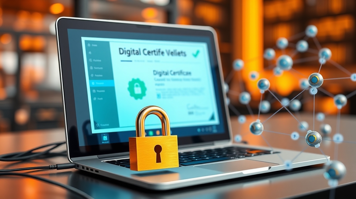 Na obrazovke laptopu je zobrazený digitálny certifikát s ikonou zámku.