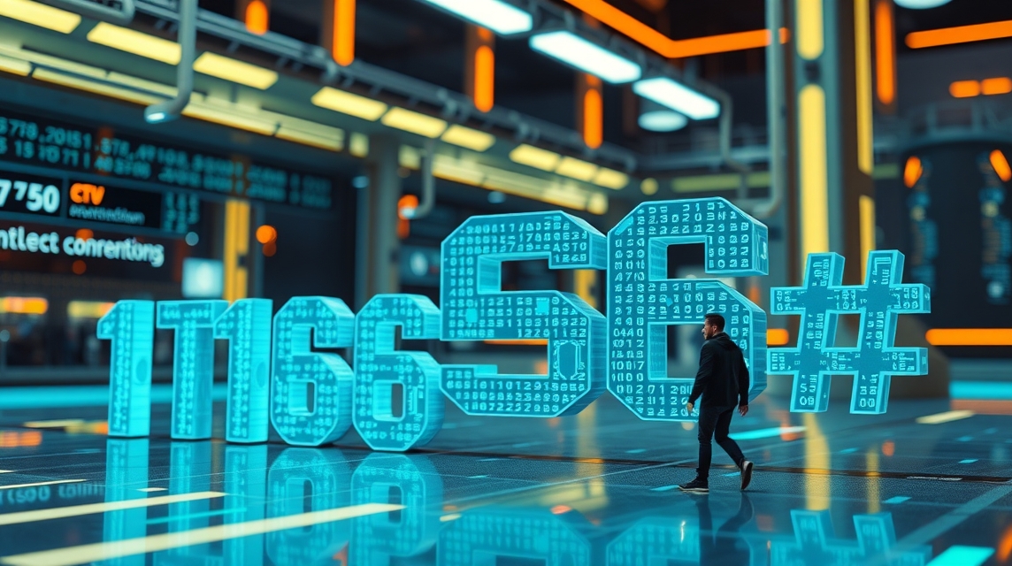 Osoba kráča okolo veľkých digitálnych čísel v modernom prostredí.