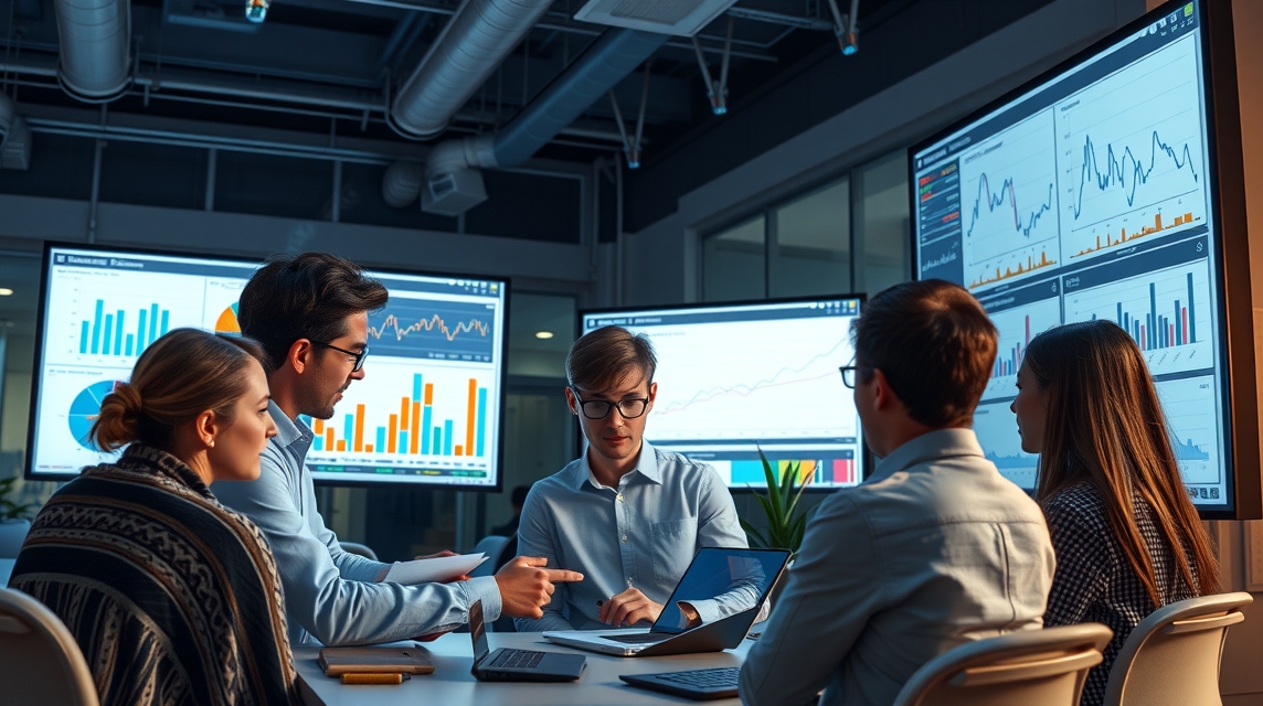 Skupina šiestich profesionálov diskutuje o dátach v modernom kancelárskom prostredí.