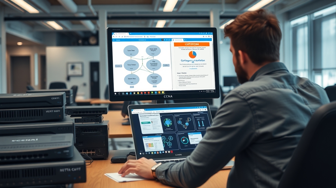 Muž pracuje na dvoch obrazovkách, analyzujúc grafy a diagramy v kancelárii.