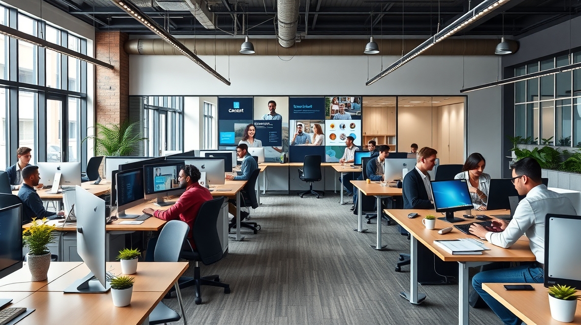 Moderná kancelária s viacerými zamestnancami pracujúcimi na počítačoch.