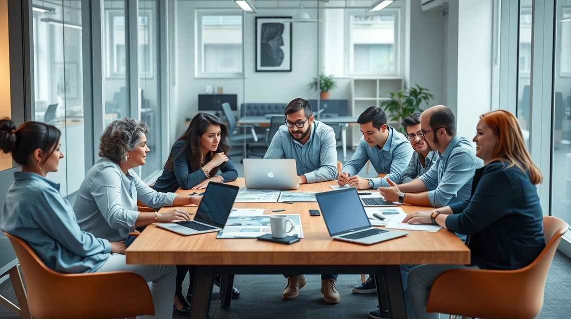 Skupina profesionálov diskutuje o projektoch pri konferenčnom stole v modernom kancelárskom prostredí.