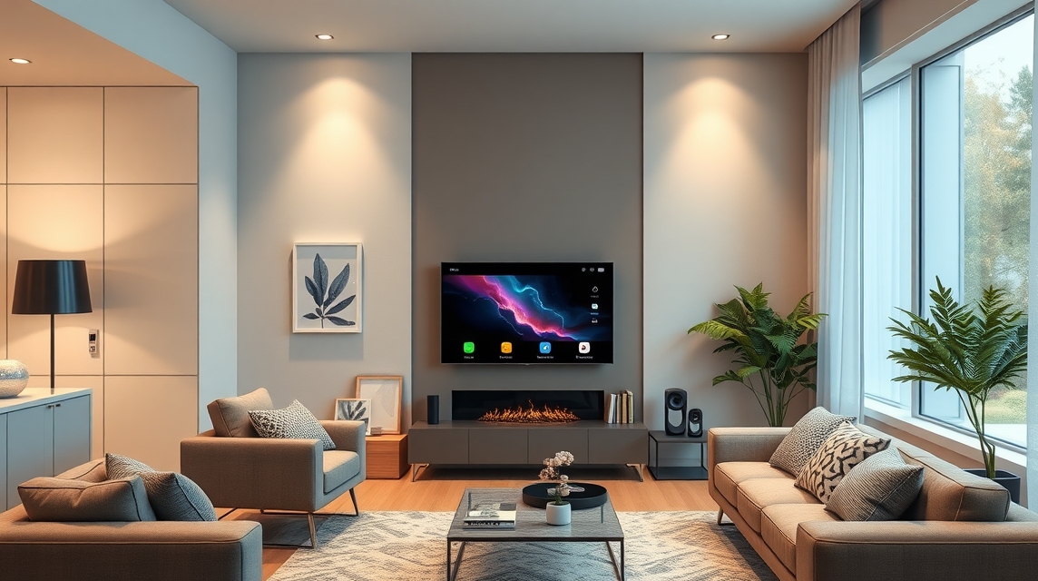 Moderný obývací priestor s pohodlným nábytkom a veľkým televízorom na stene.