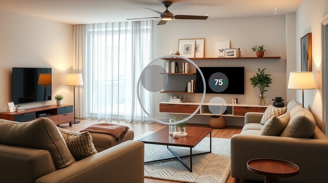 Moderný obývací priestor s pohodlným nábytkom a veľkým oknom.