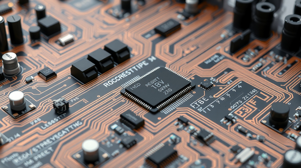 Detailný pohľad na elektronickú dosku s čipmi a obvodmi.