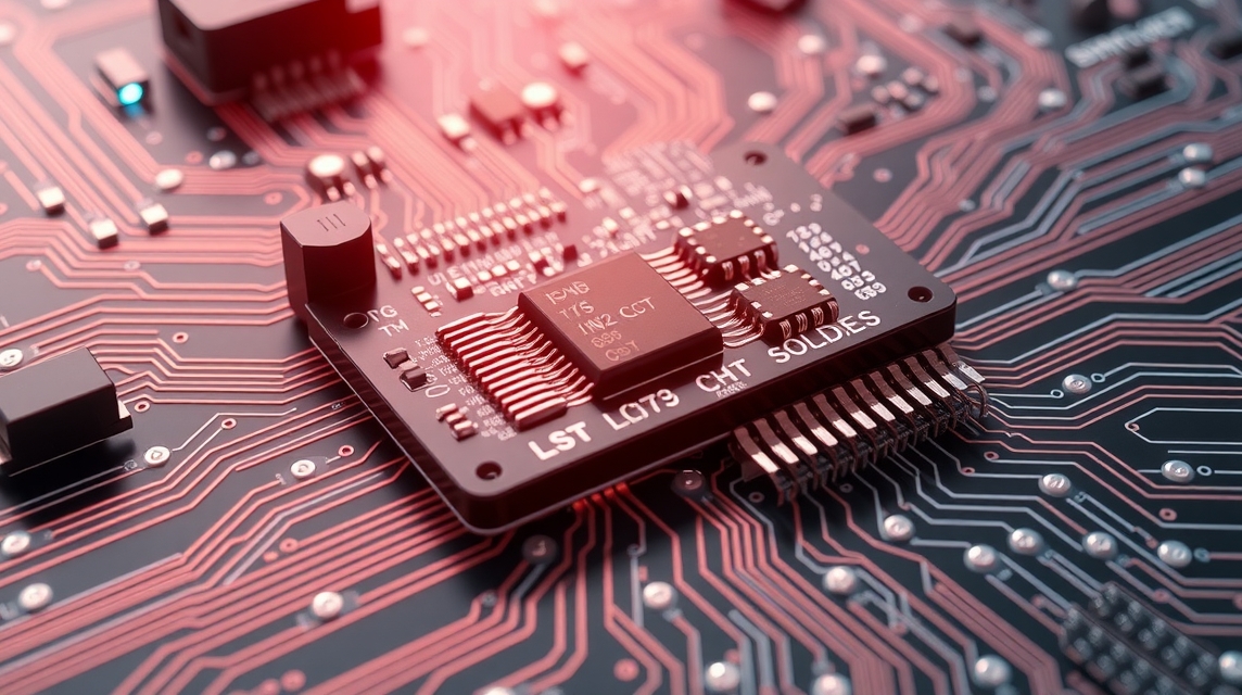 Detailný pohľad na elektronický obvod s čipom a spojmi.