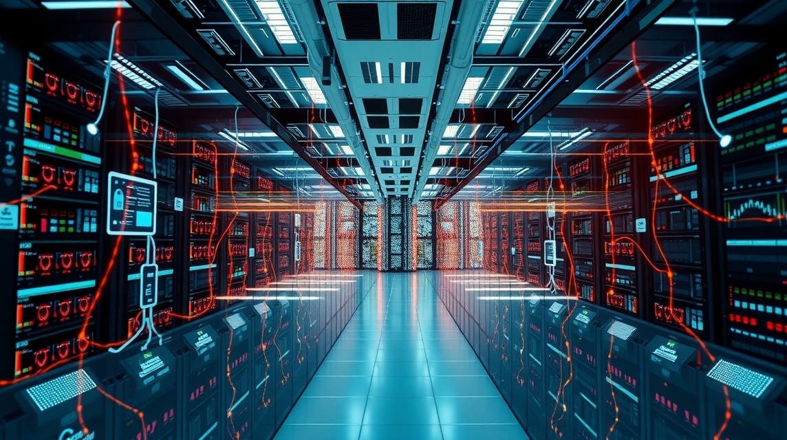Moderné dátové centrum s množstvom serverov a svetelnými efektmi.