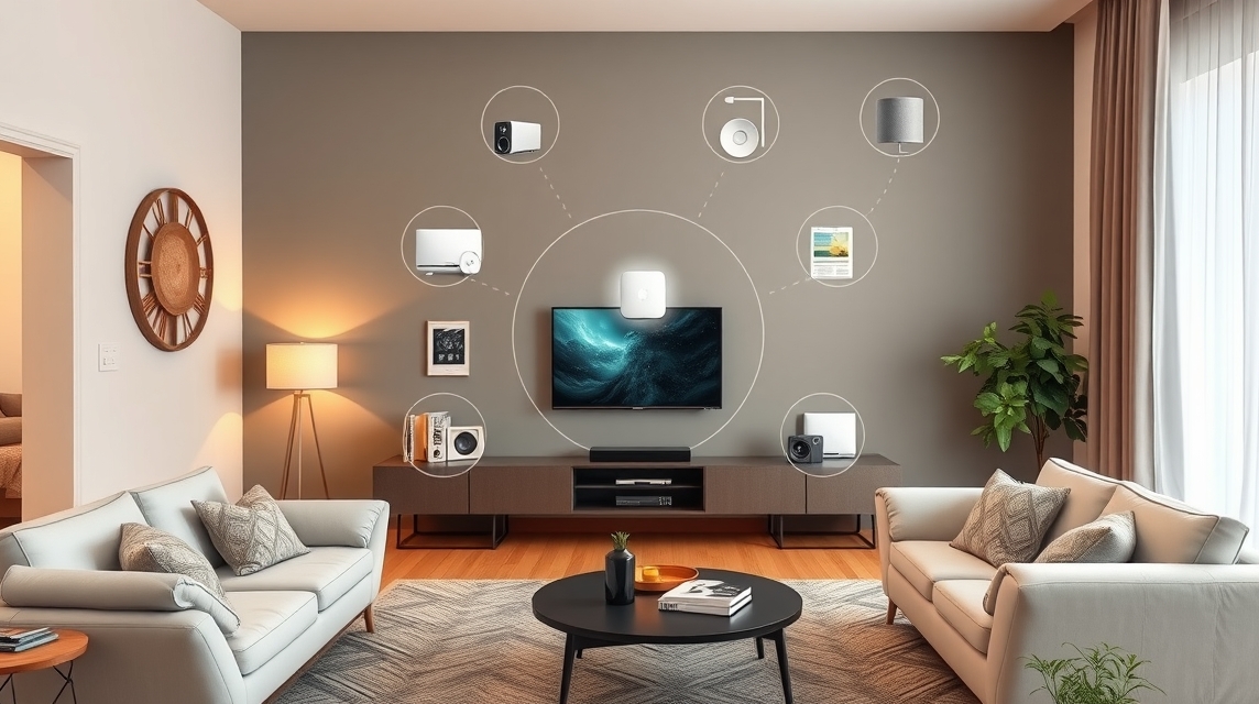 Moderný obývací priestor s inteligentnými zariadeniami a televízorom.